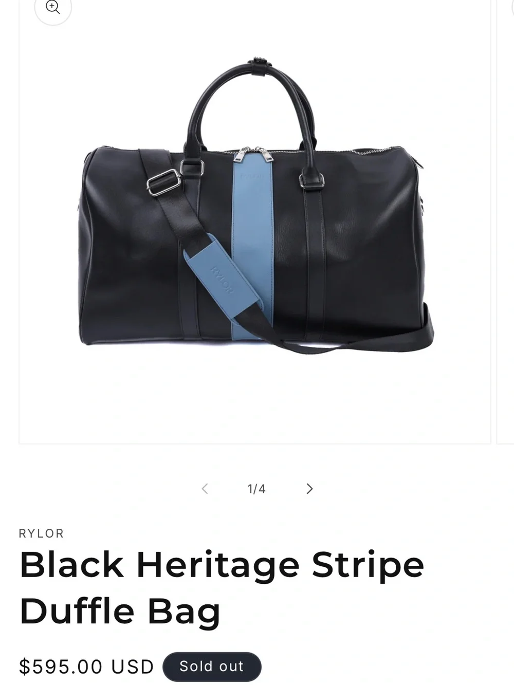Rylor Black Italian Leather Duffel with Blue Center Stripe and Adjustable Strap